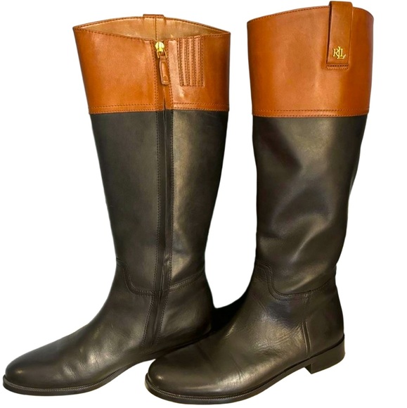 New! RALPH LAUREN Two-tone Equestian Style Leather Boots, Black/Saddle Tan, Sz 9 - Picture 4 of 7